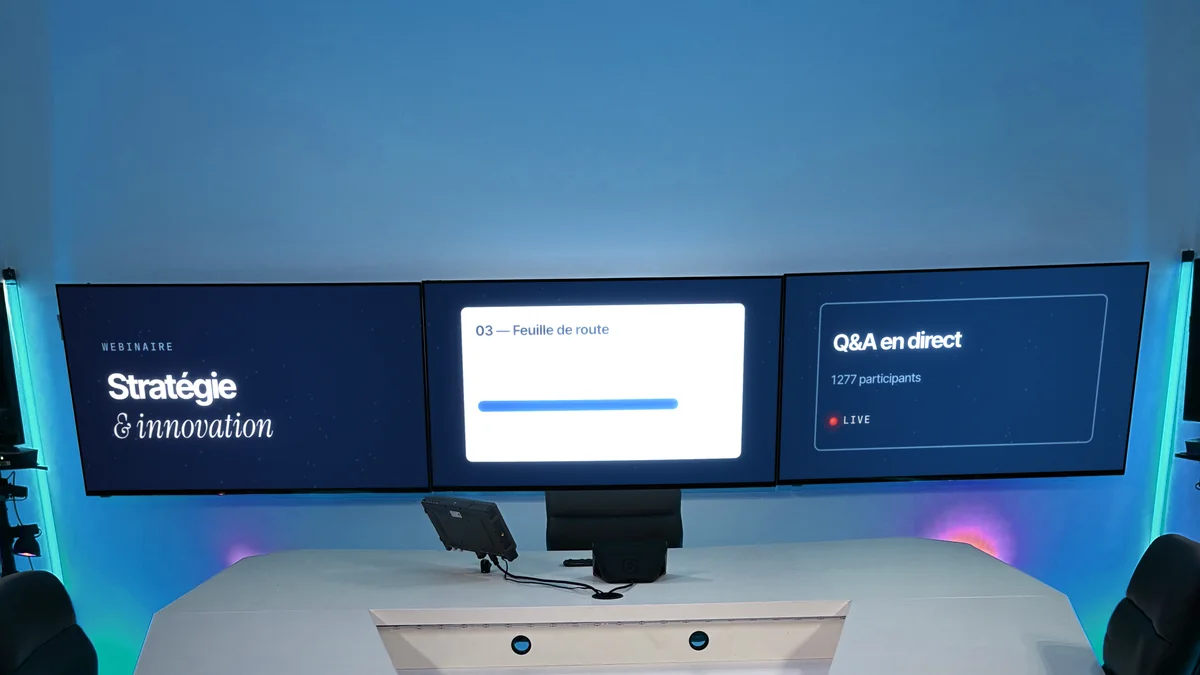 Le desk face au mur d’écrans, configuration webinaire